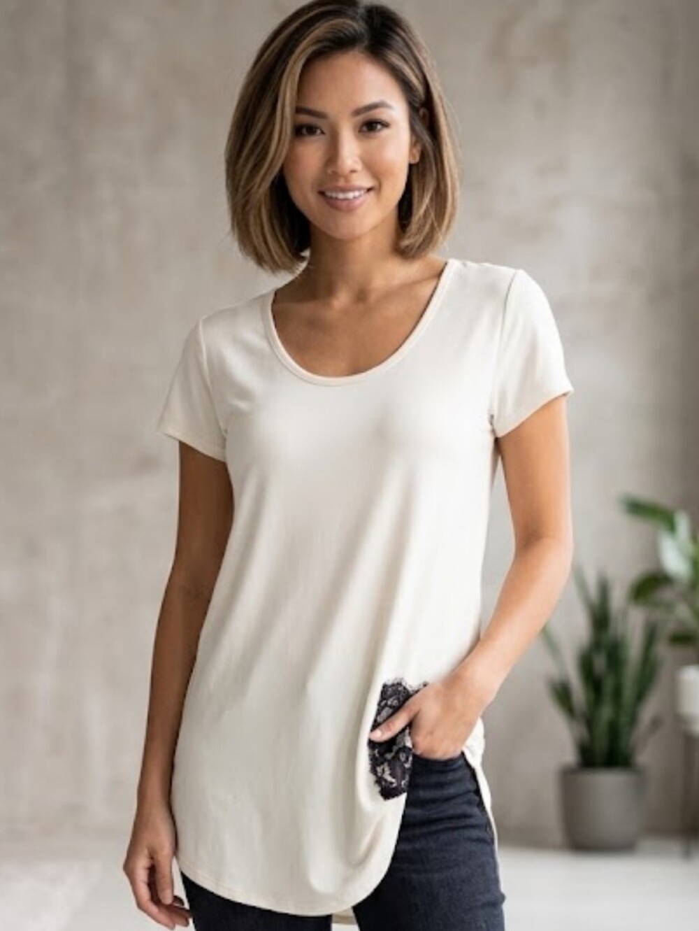 LC Lauren Conrad Satin Ivory Top Lace Pocket Short Sleeve Small